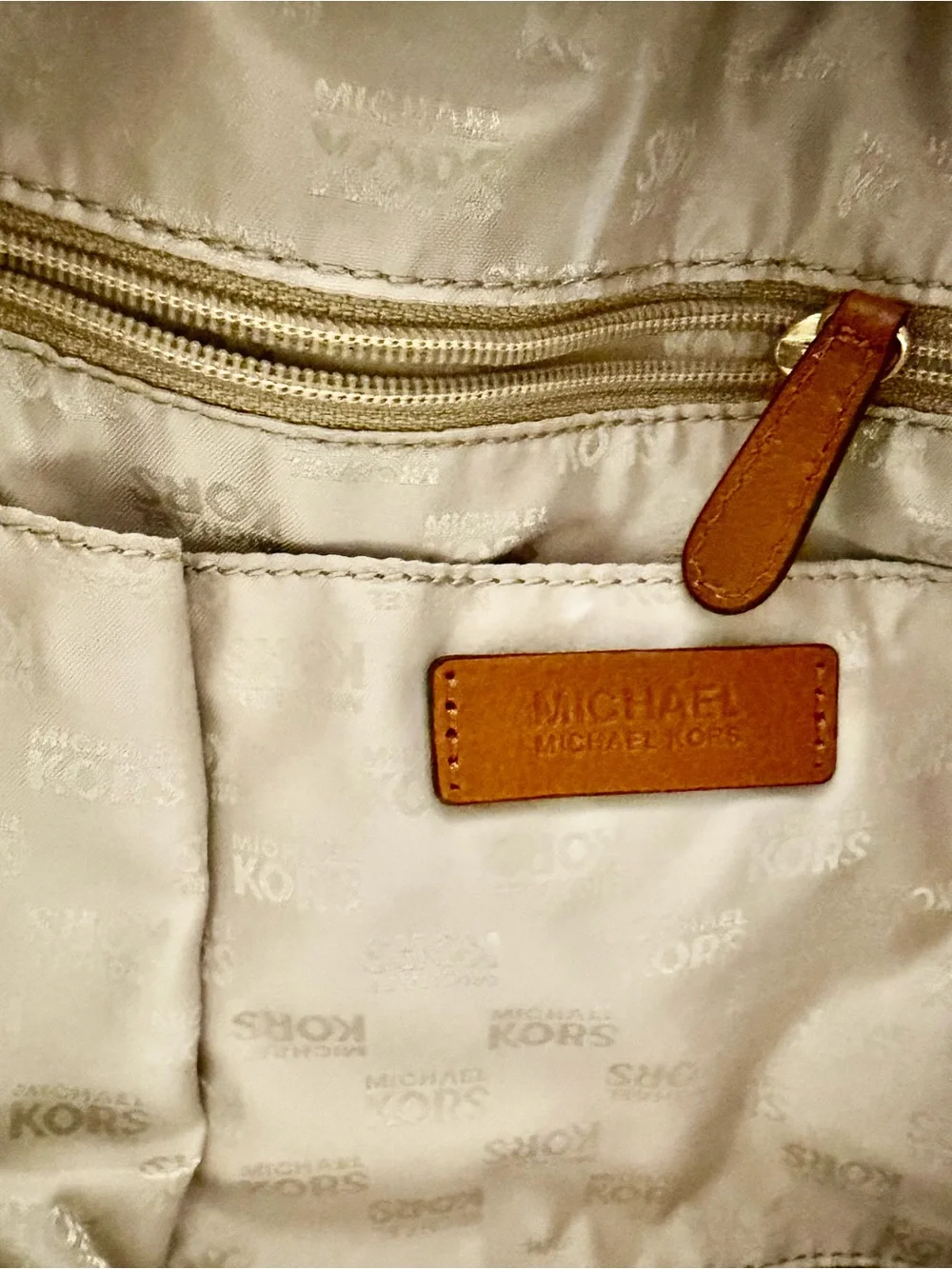Michael Kors Marina Navy Canvas Tote Tan Leather Trim and Beige Drawstring NWOT